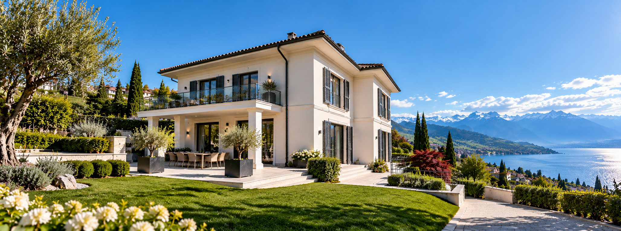 Villa aux façades rénovées avec vue sur le Léman et les Alpes, ravalement de façades PROPEINTURE