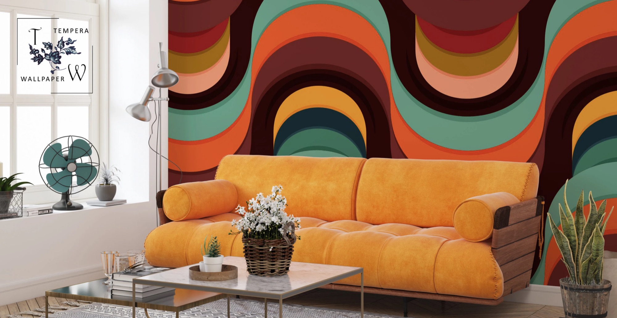 Salon avec papier peint à motifs rétro posé par PROPEINTURE à Lausanne